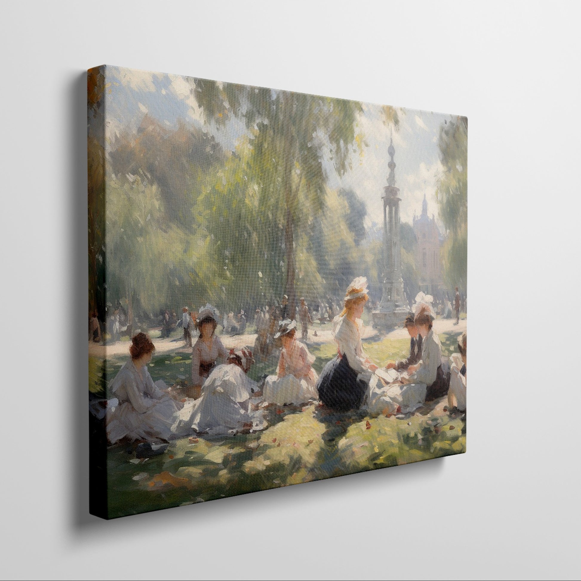 Framed canvas print of a Victorian picnic in a sunlit park with ladies in period attire