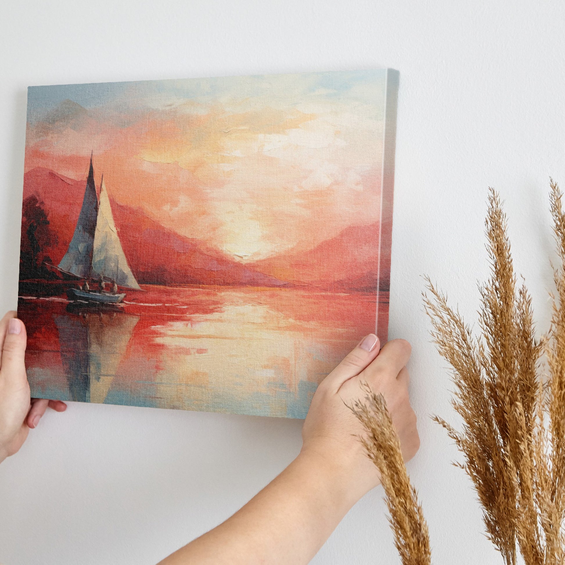 Framed canvas print of sailboats at sunset with orange and blue tones