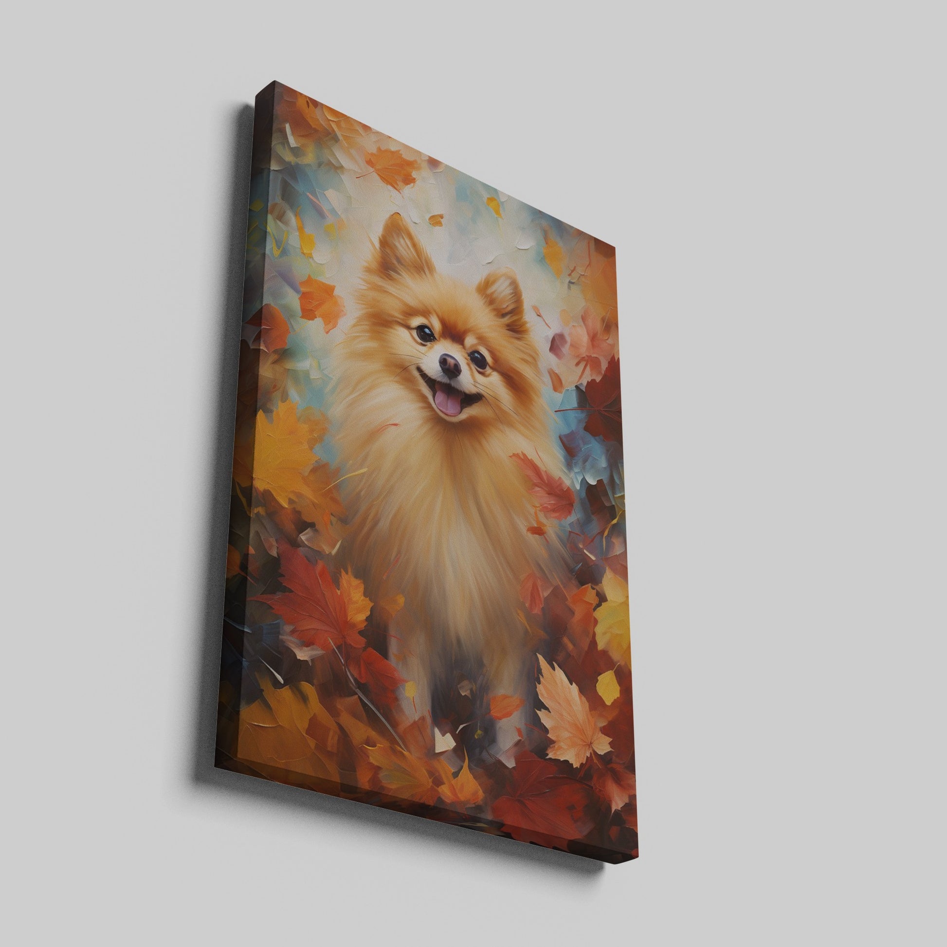 Framed canvas print of a cheerful Pomeranian amidst a vibrant display of autumn leaves