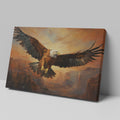 Framed canvas print of a majestic eagle flying over a canyon at sunset with warm golden and orange tones