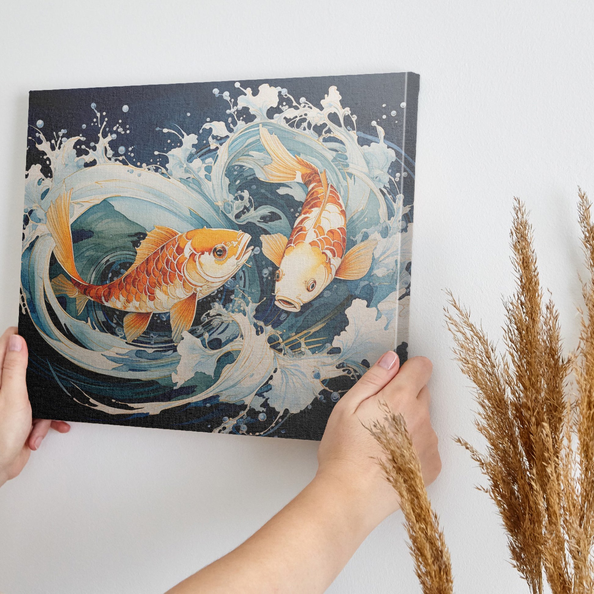 Framed canvas print of two vibrant koi fish with dynamic water movements in a Japanese style illustration