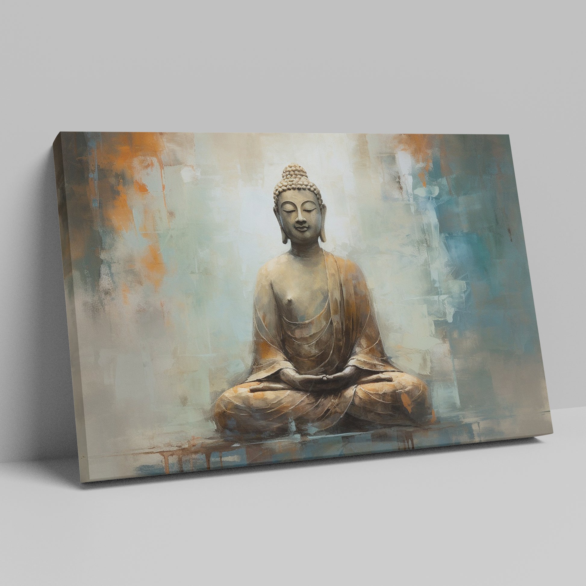 Framed canvas print of a meditative Buddha statue with abstract background in warm and neutral tones