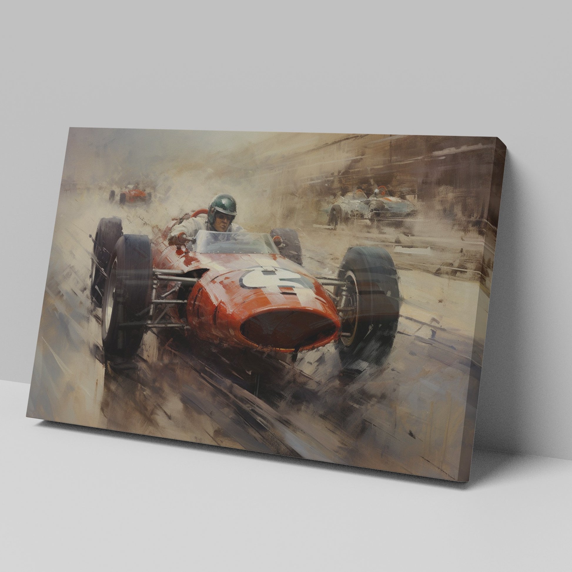 Framed canvas print of a classic Formula One race with vibrant orange racecar in dynamic motion