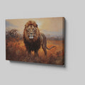 Framed canvas print of a majestic lion against a sunset on the savannah