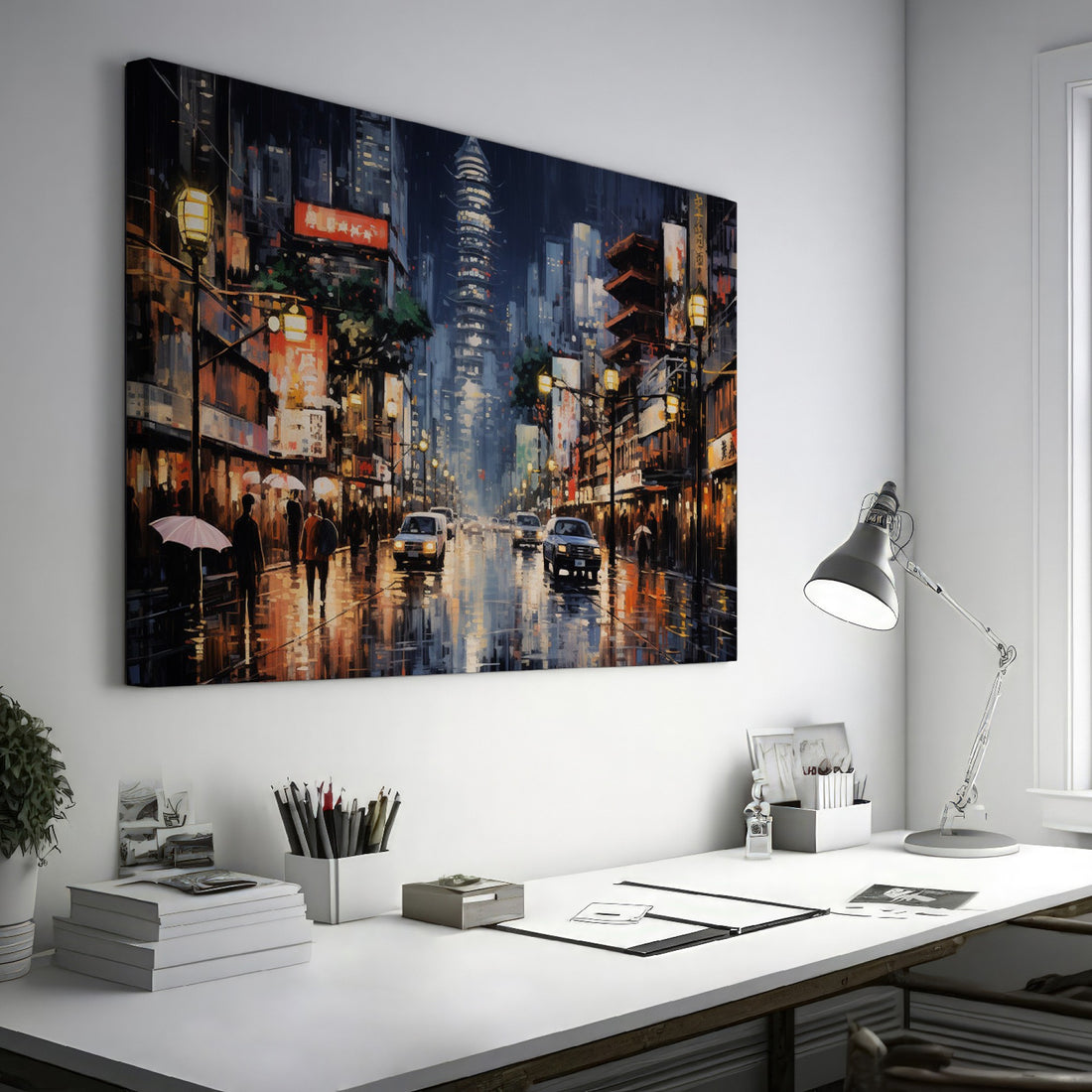 Framed canvas print of an urban street scene with illuminated pagoda and glistening rain-covered streets at night