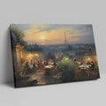 Framed canvas print of a Parisian sunset with diners on a balcony overlooking the Eiffel Tower