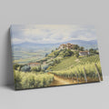 Framed canvas print of a tranquil Tuscan vineyard with rolling hills and Italian country houses