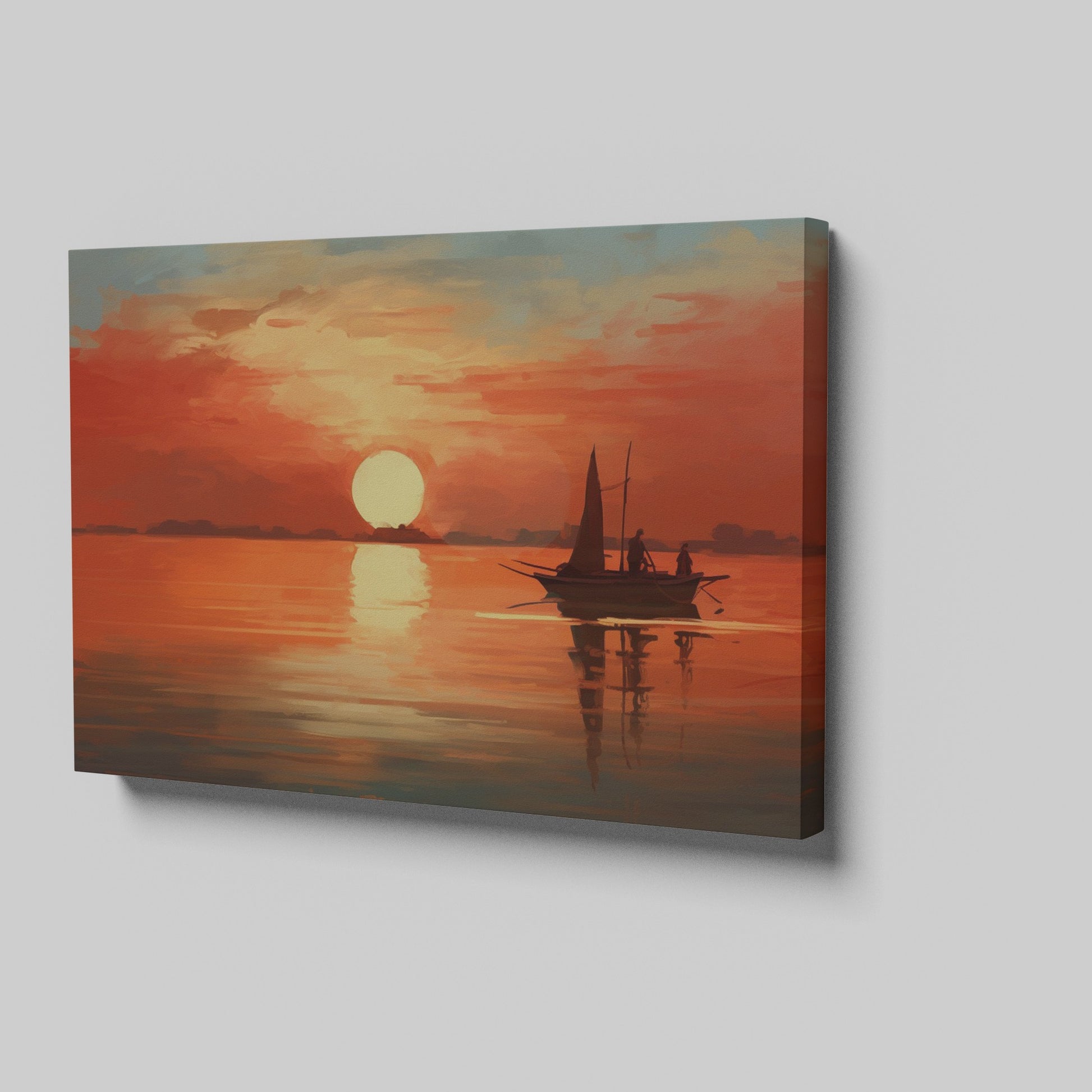 Framed canvas print of a sailboat silhouetted against a sunset with warm red and orange tones