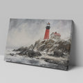 Red lighthouse on stormy cliff with ocean waves and birds, in a painted style