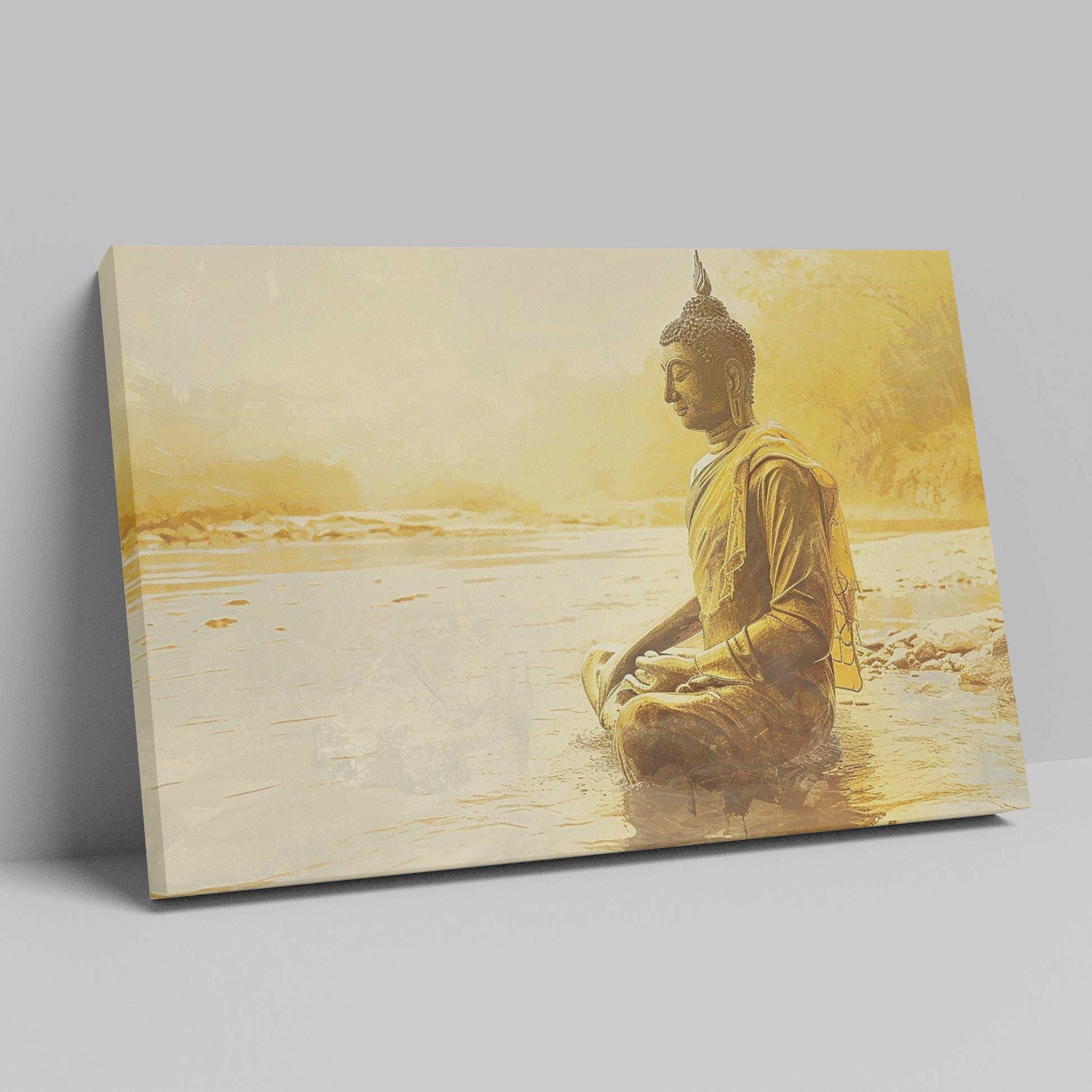 Framed canvas print of a Golden Buddha statue sitting in meditation by the water