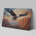 Framed canvas print of a majestic eagle soaring over a canyon at sunset