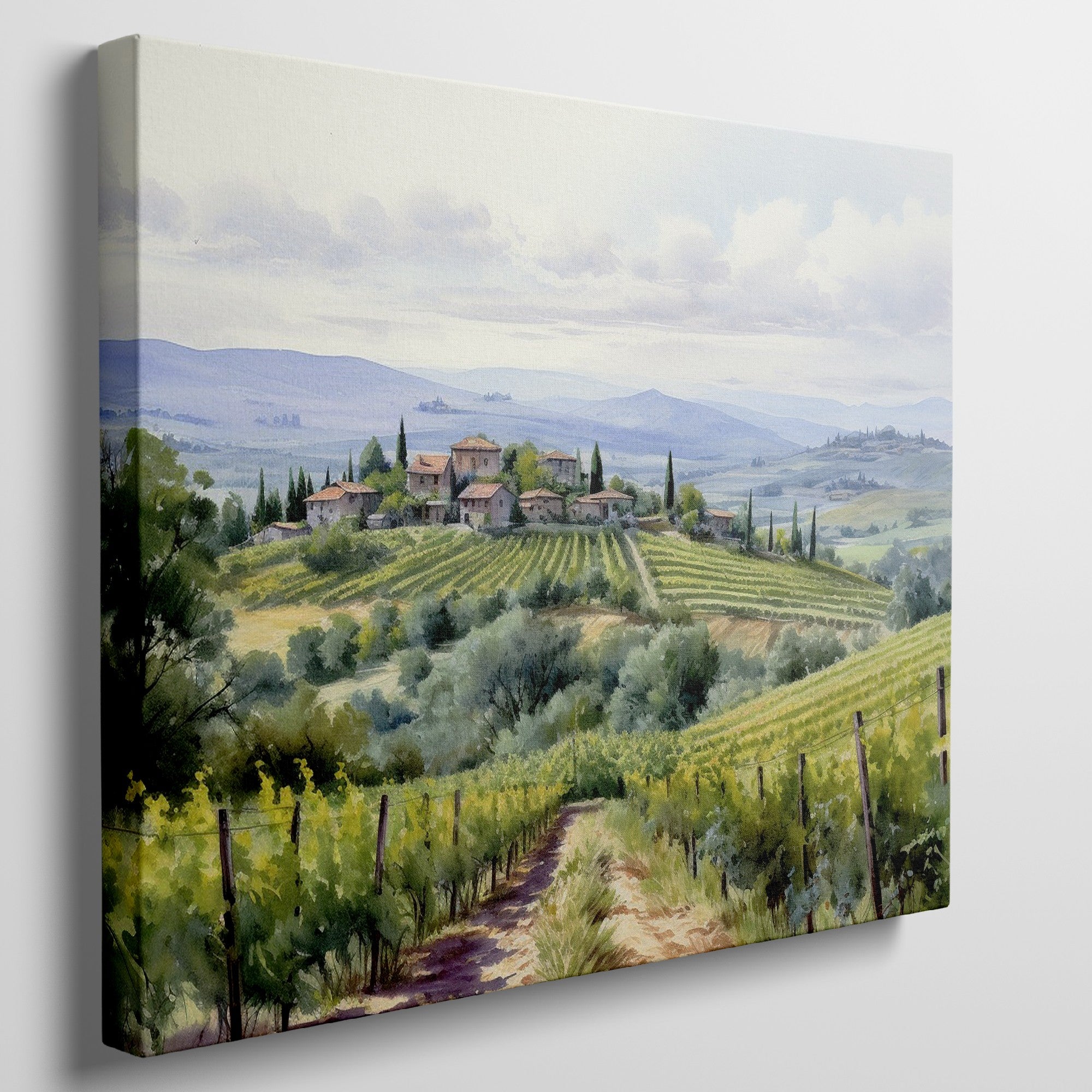 Framed canvas print of a Tuscan countryside panorama with a vineyard and rolling hills in watercolor style