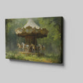 Framed canvas print of a vintage carousel in an enchanting forest setting with rich greenery and soft lighting