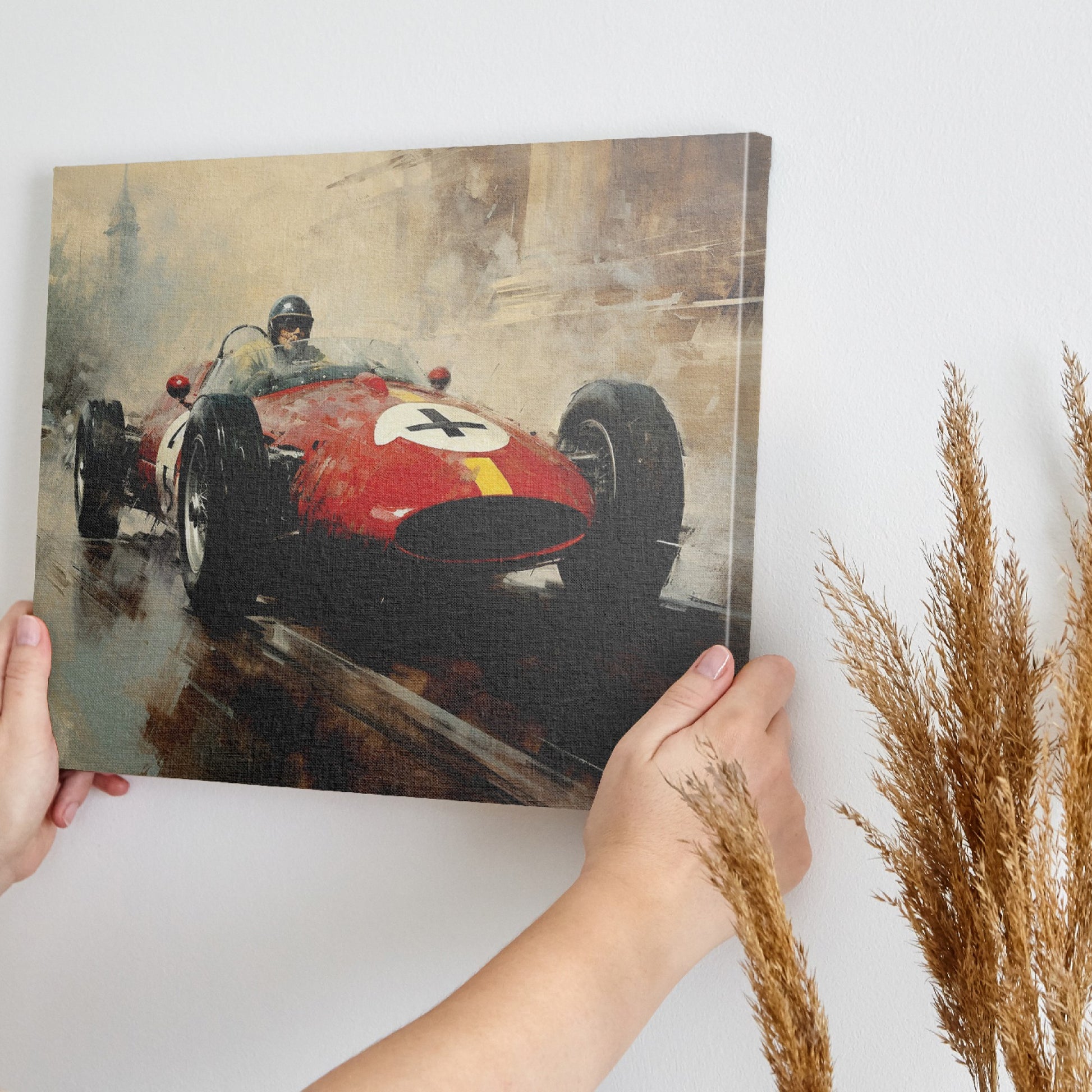 Framed canvas print of a vintage formula racing car in action with warm tones.