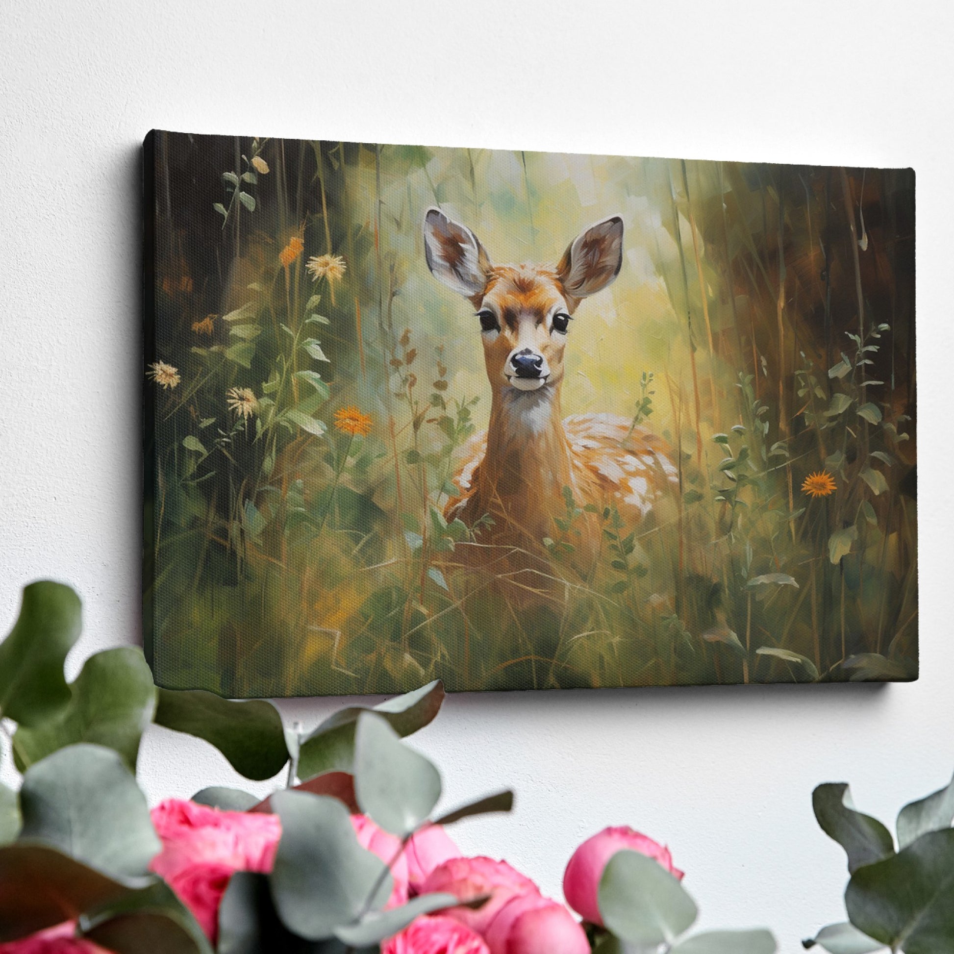 Framed canvas print of a gentle fawn in a sunlit meadow with vibrant wildflowers