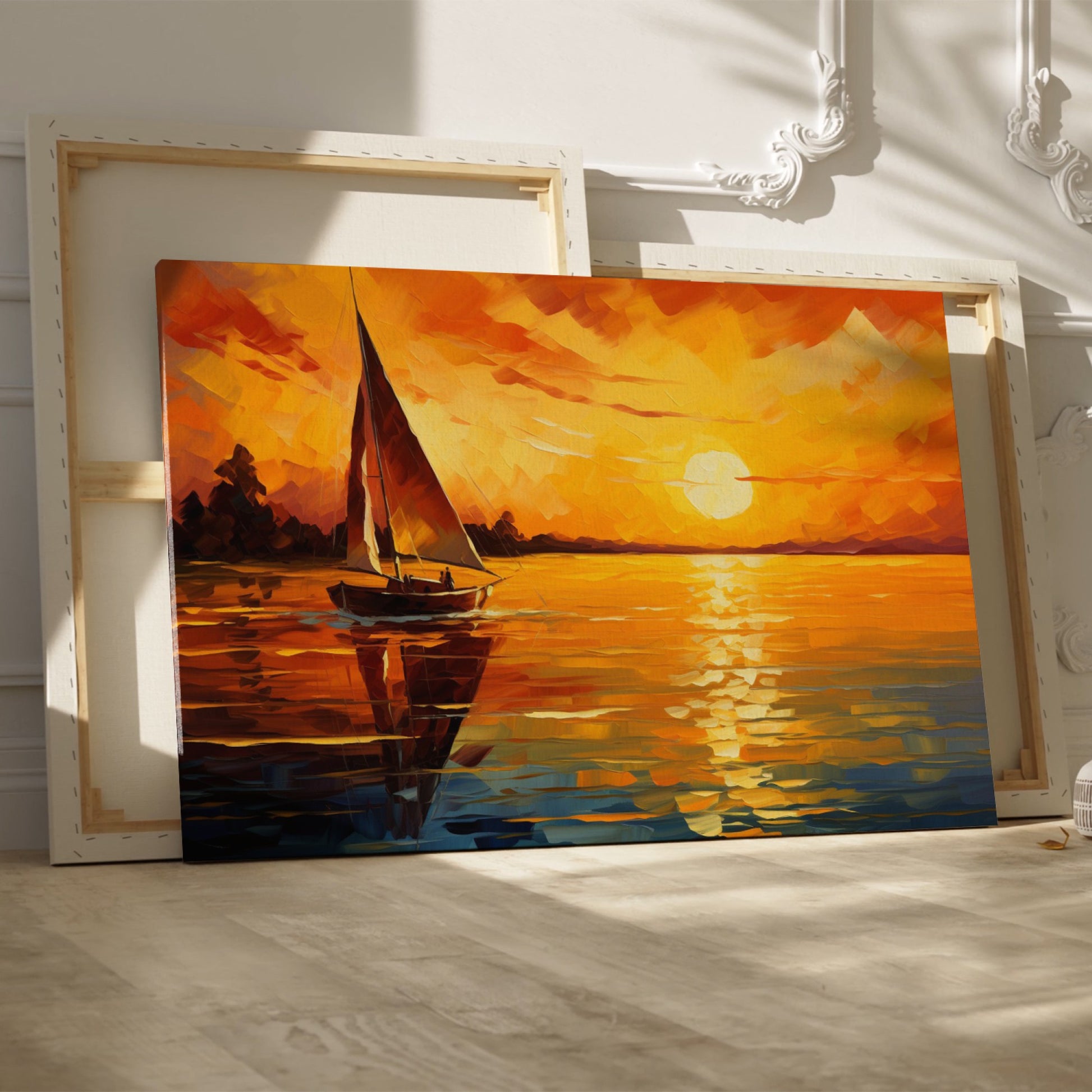 Framed canvas print of an impressionist sailboat against a vivid sunset