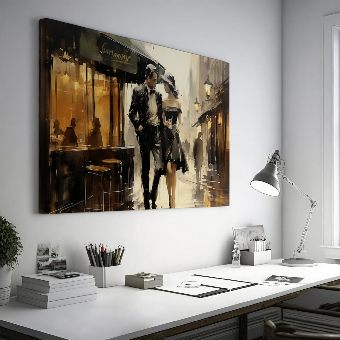 Framed canvas print of a stylish couple on a romantic rainy evening street in sepia and warm tones