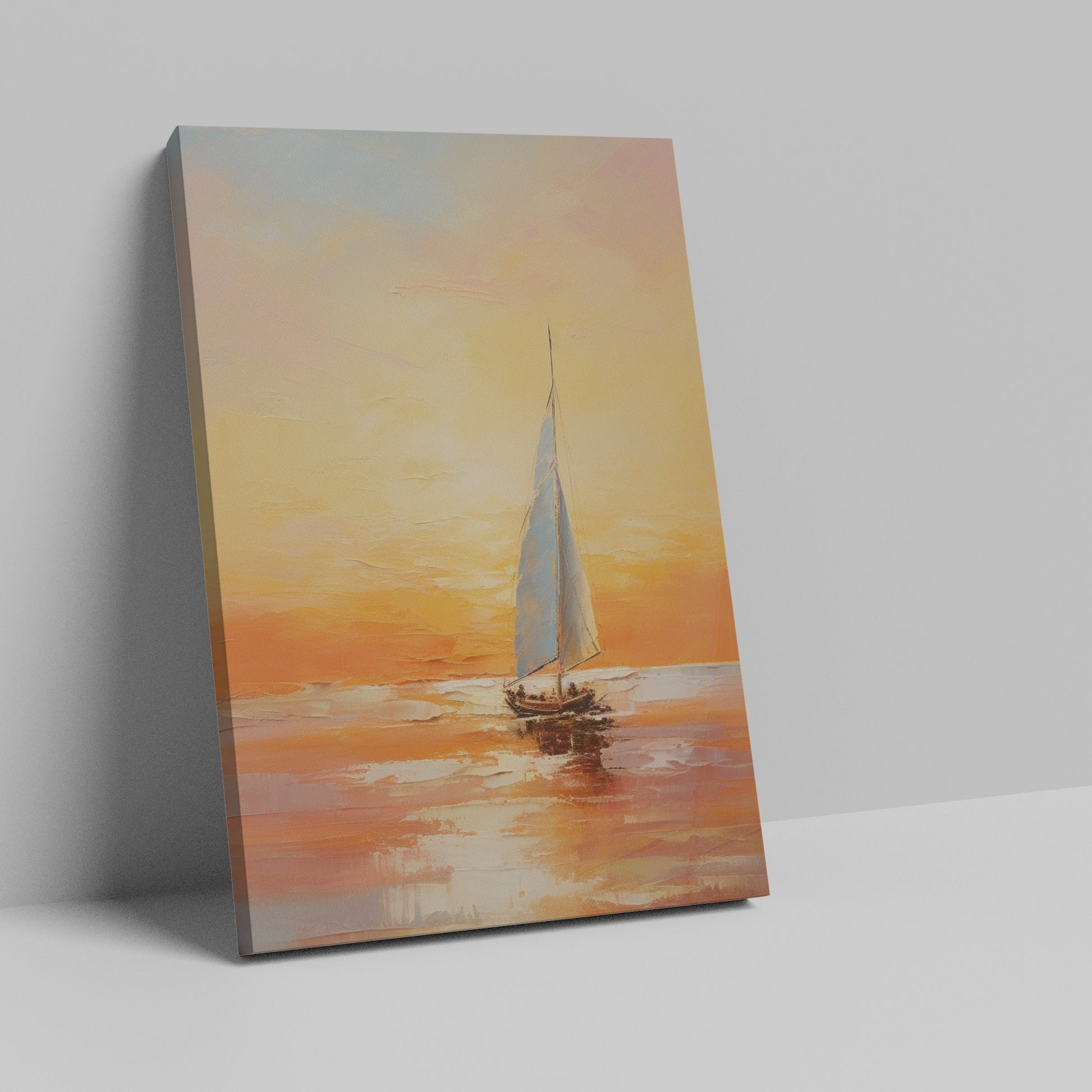 Framed canvas print of impressionistic sailboat at sunset with warm golden and orange tones