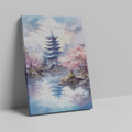 Framed canvas print of a traditional pagoda with cherry blossoms over tranquil waters, with modern skyline in the background