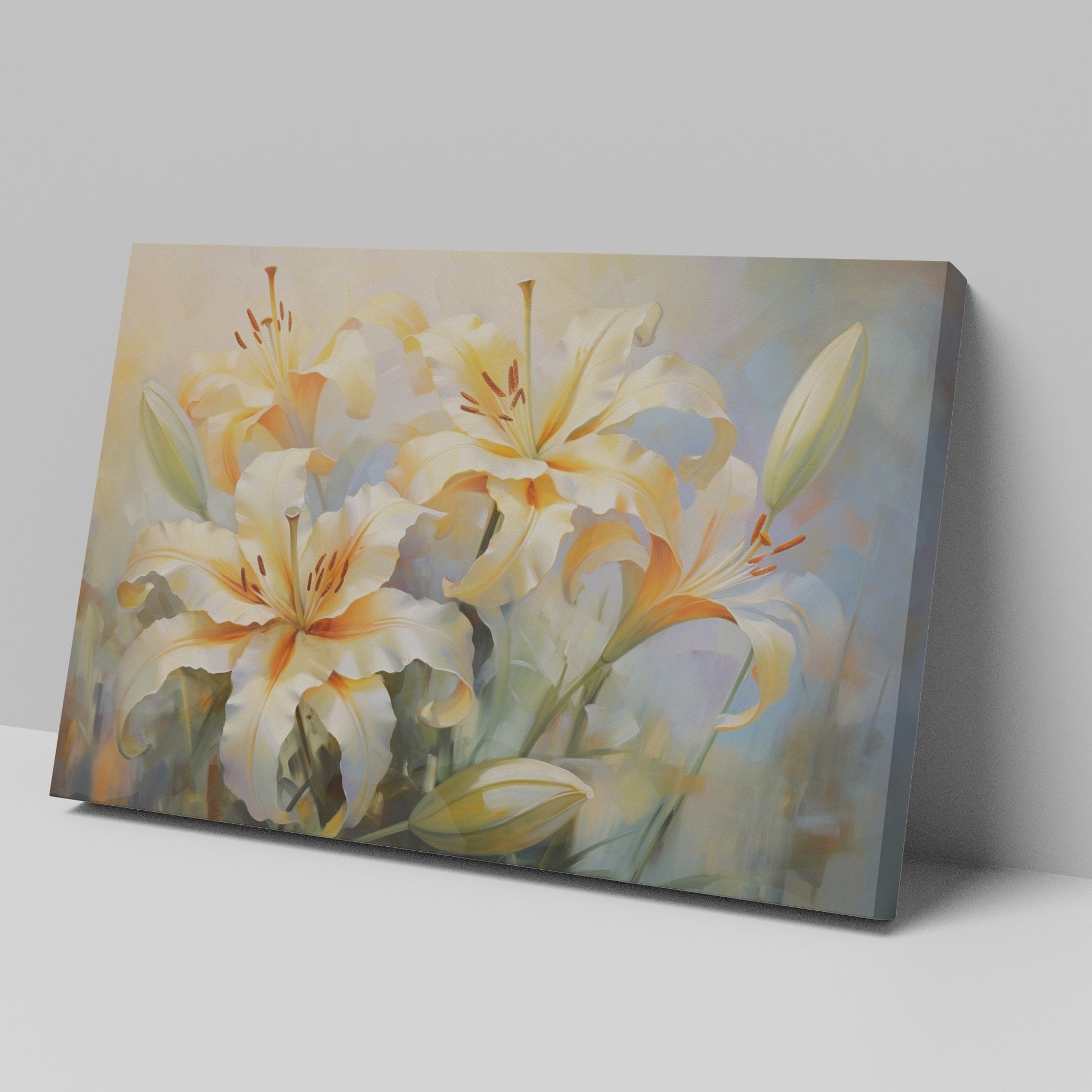 Framed canvas print of impressionist style lilies with soft pastel hues