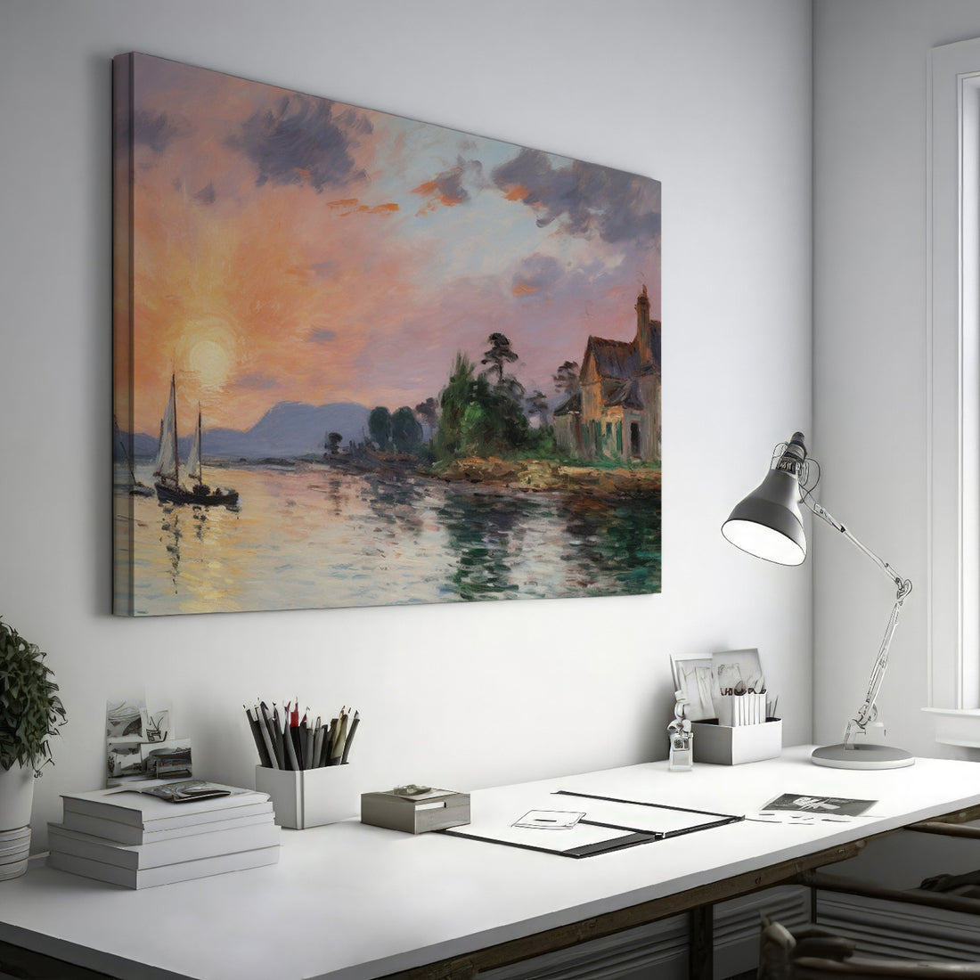 Framed canvas print of an impressionist seascape with sunset and sailing boat