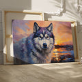 Framed canvas print of an impressionistic Siberian Husky with a vibrant sunset