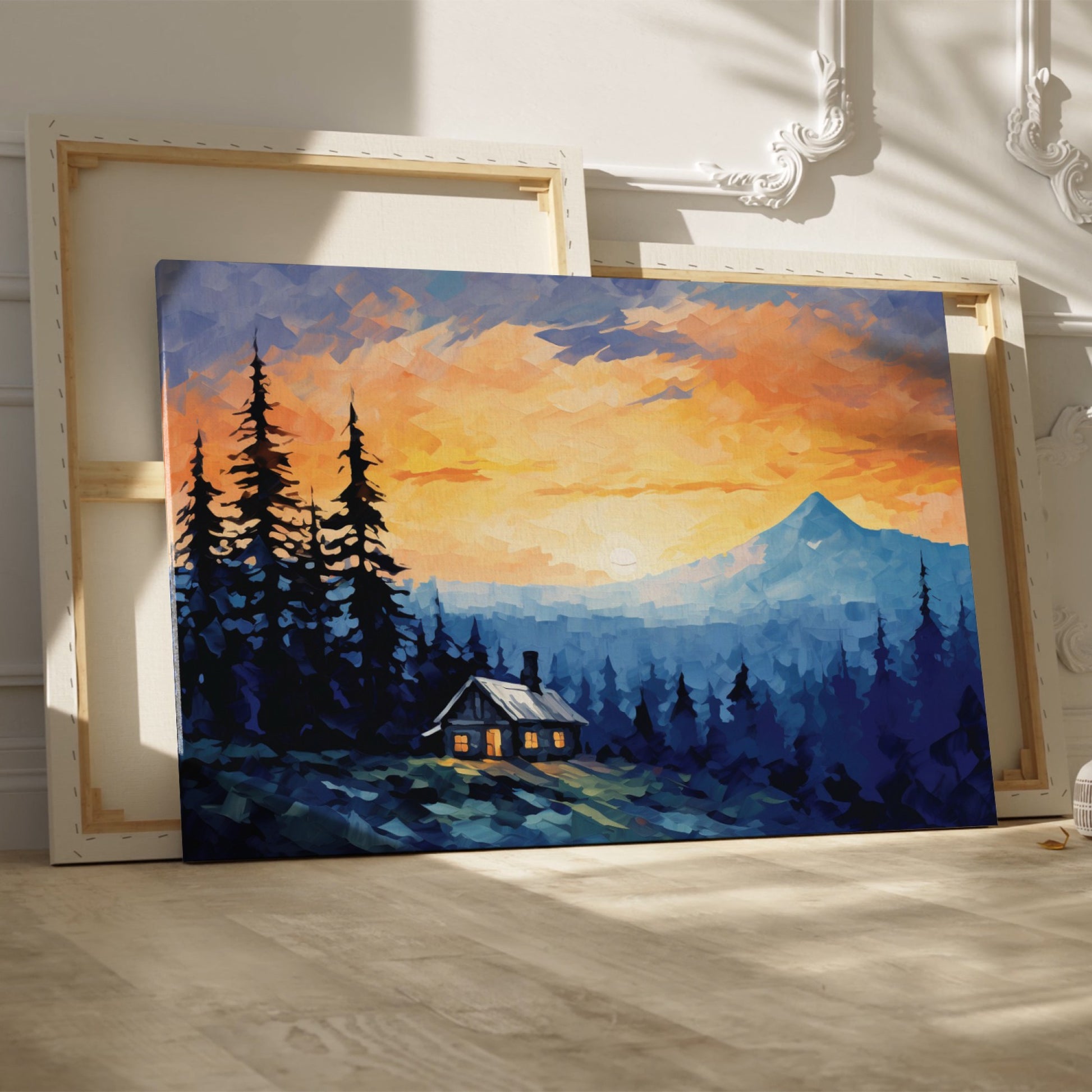 Framed canvas print of a mountain sunrise with a rustic cabin amongst pine trees