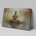 Framed canvas print of a serene Buddha in meditation with an abstract, earth-toned backdrop and reflective water