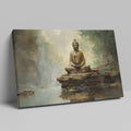 Framed canvas print of a serene Buddha statue in a Zen garden with waterfall