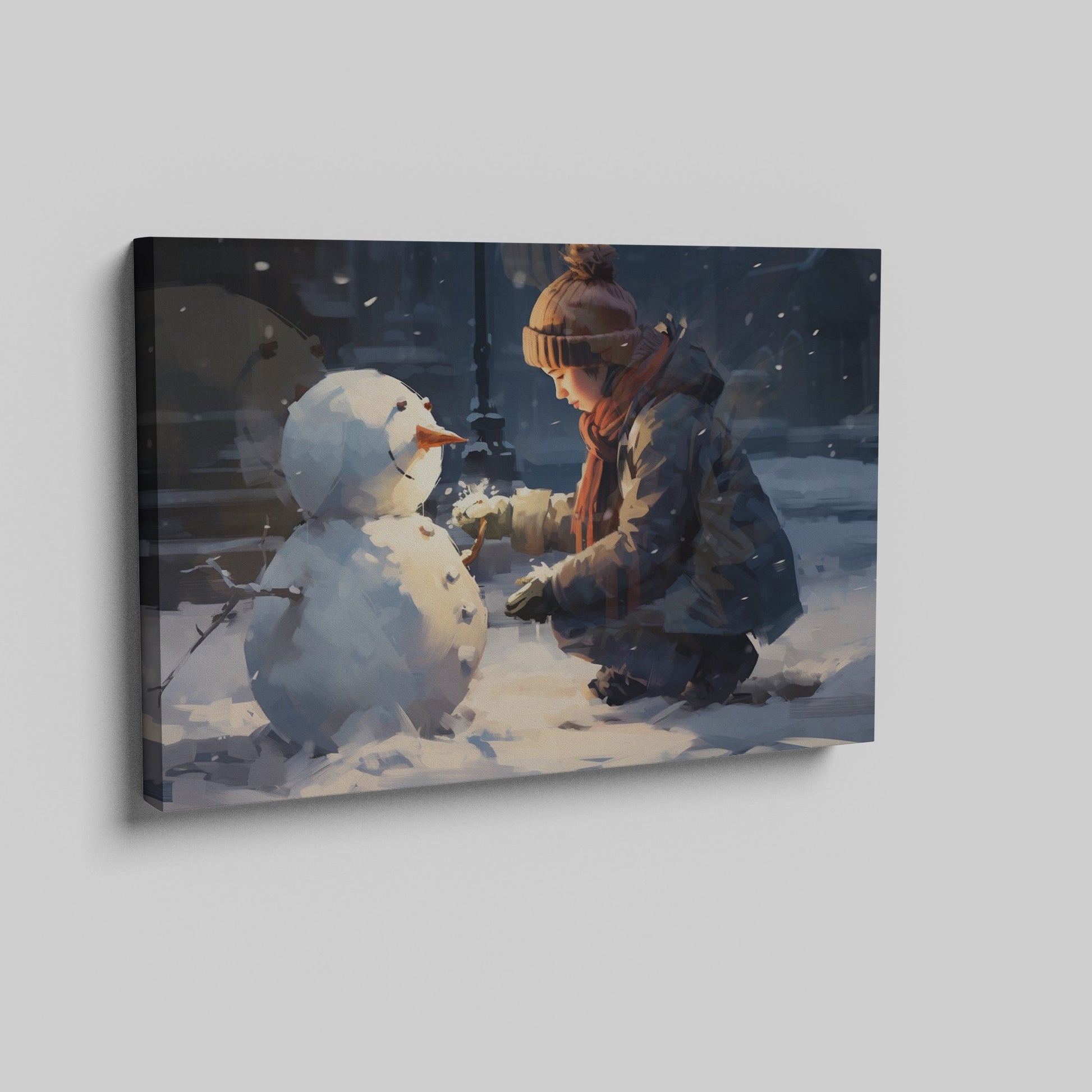 Framed canvas print of a child building a snowman on a snowy city evening