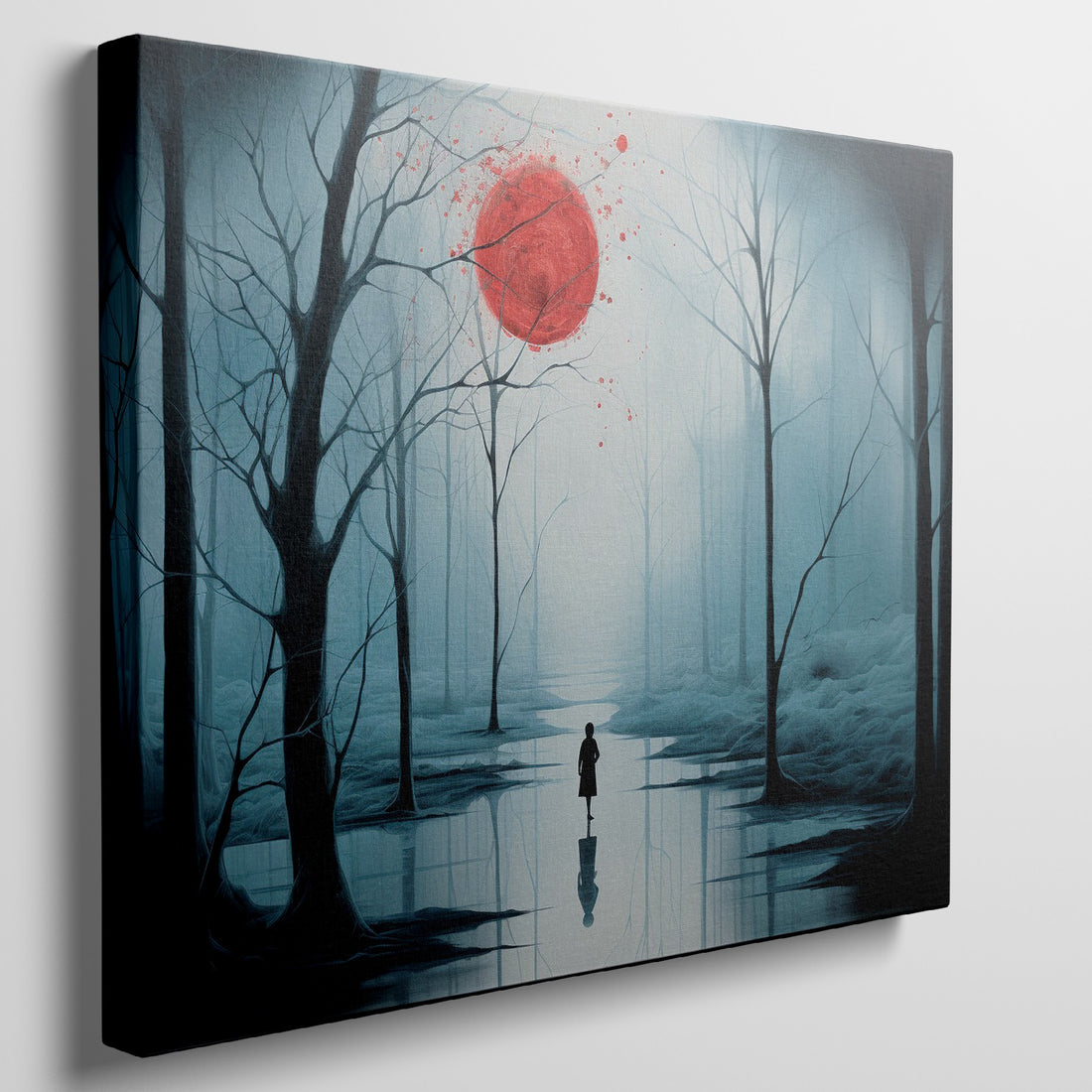 Framed canvas print of a mysterious blue forest with a vibrant red moon and a lone silhouette reflected on the water