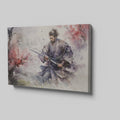 Framed canvas print of a samurai warrior in watercolour, with dynamic ink splatters in vivid hues.