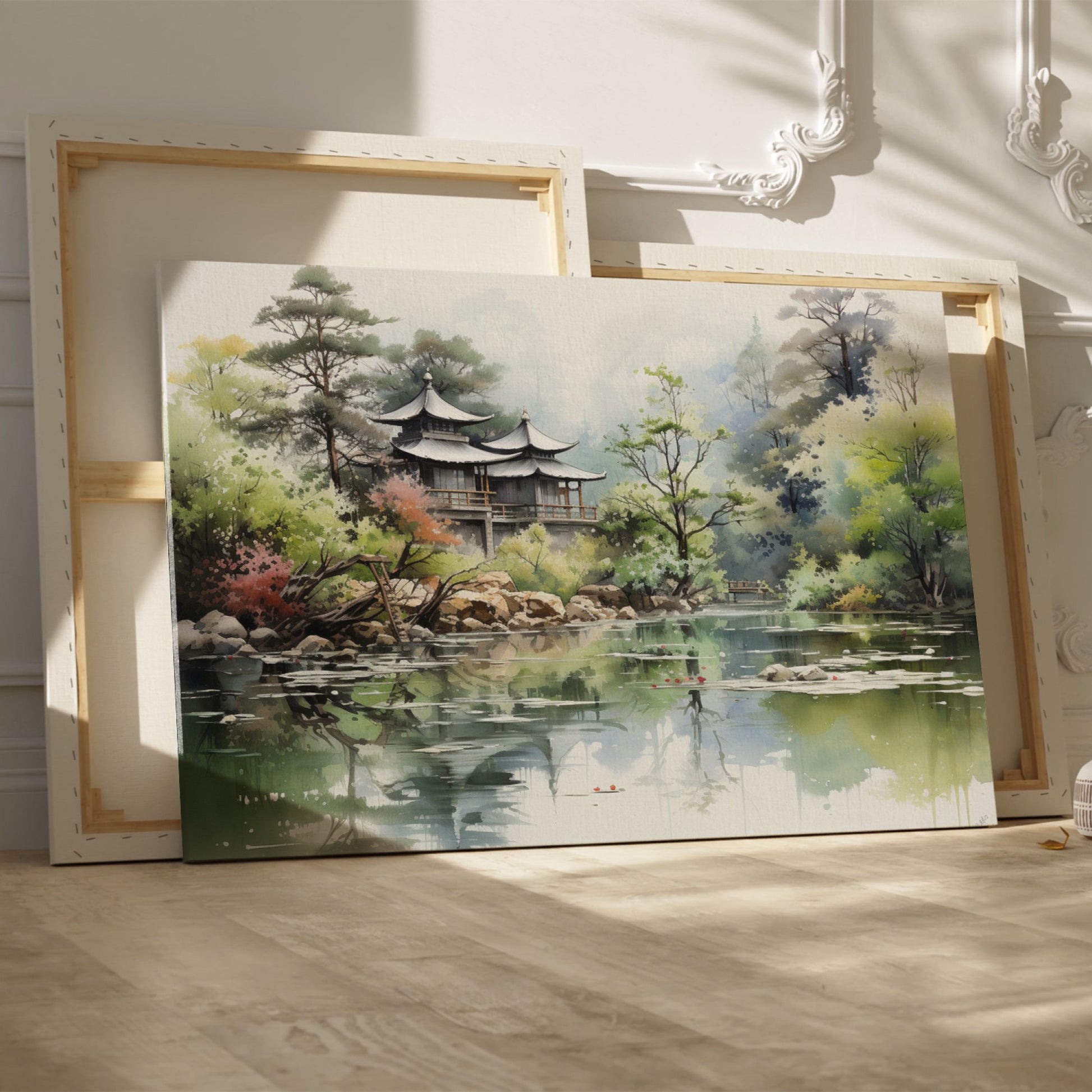 Framed canvas print of an Asian landscape with traditional pagoda and serene lake