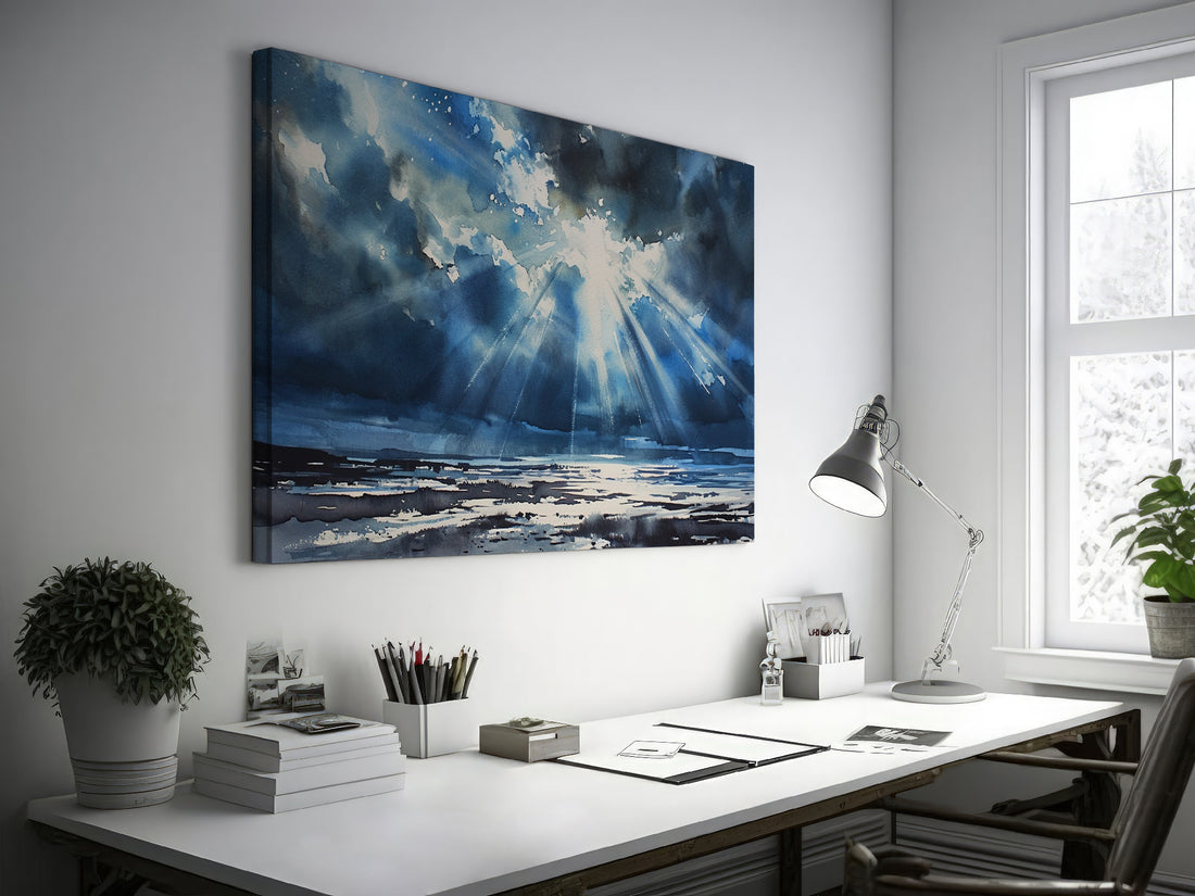 Watercolor canvas print of sunbeams shining through clouds onto the ocean