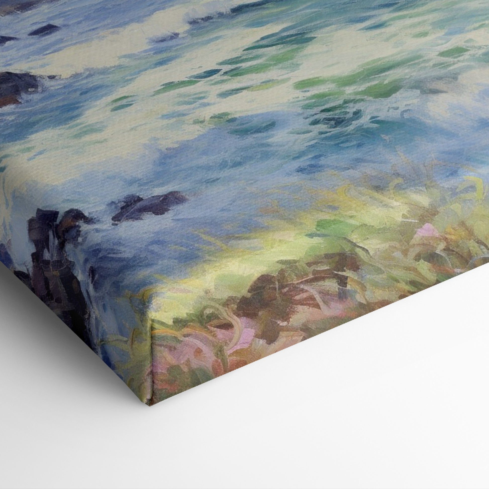 Framed canvas print of a vibrant impressionist seascape with cliffs and ocean waves