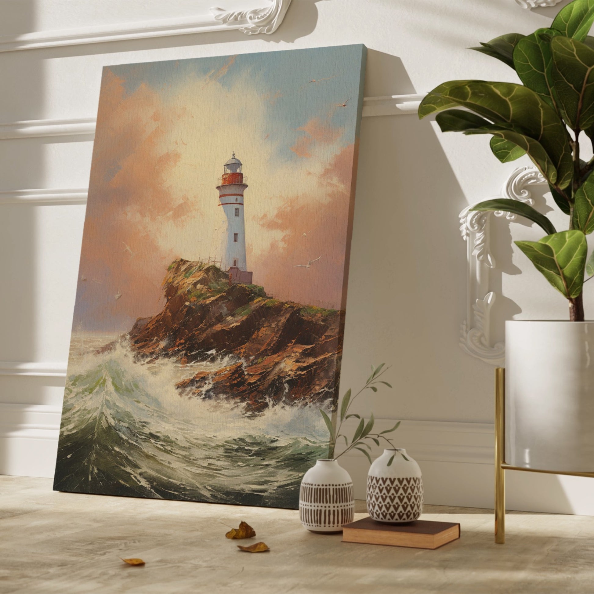 Framed canvas print of a clifftop lighthouse overlooking turbulent sea waves, under a light-infused sunset sky