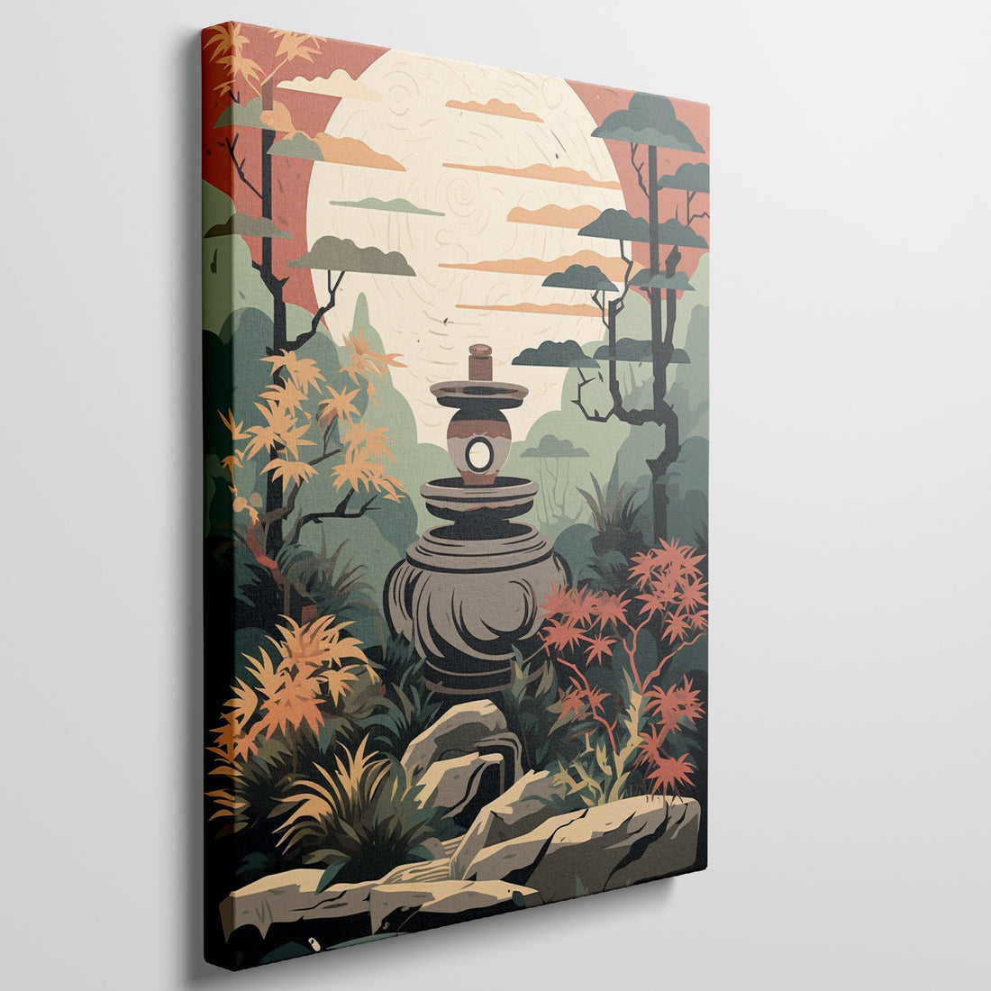 Oriental garden scene with a stone lantern, full moon, and autumn foliage in an illustration
