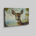 Framed canvas print of a realistic deer in a serene countryside setting with earthy tones