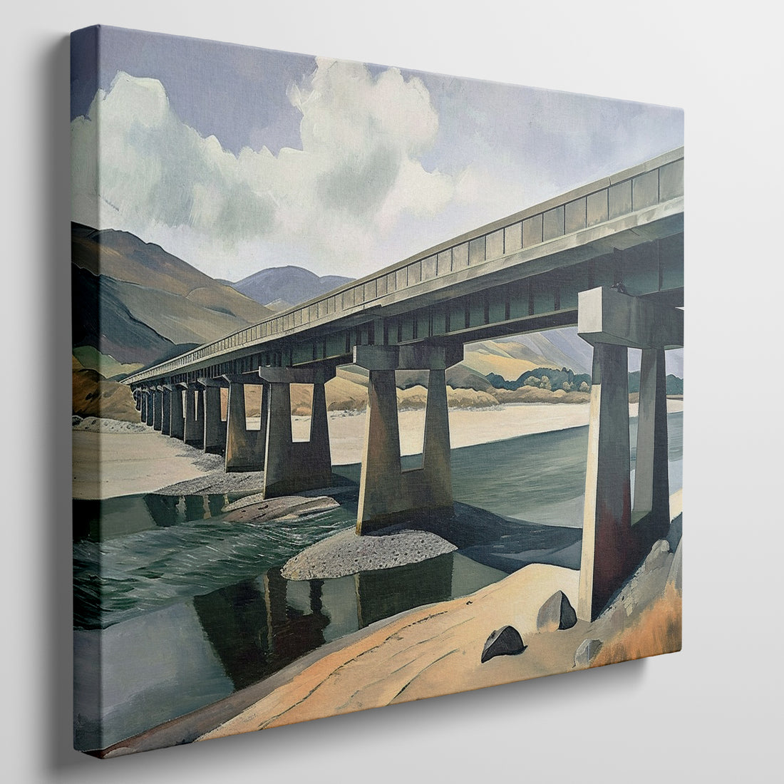 Framed canvas print of a serene countryside bridge over a river with mountain backdrop