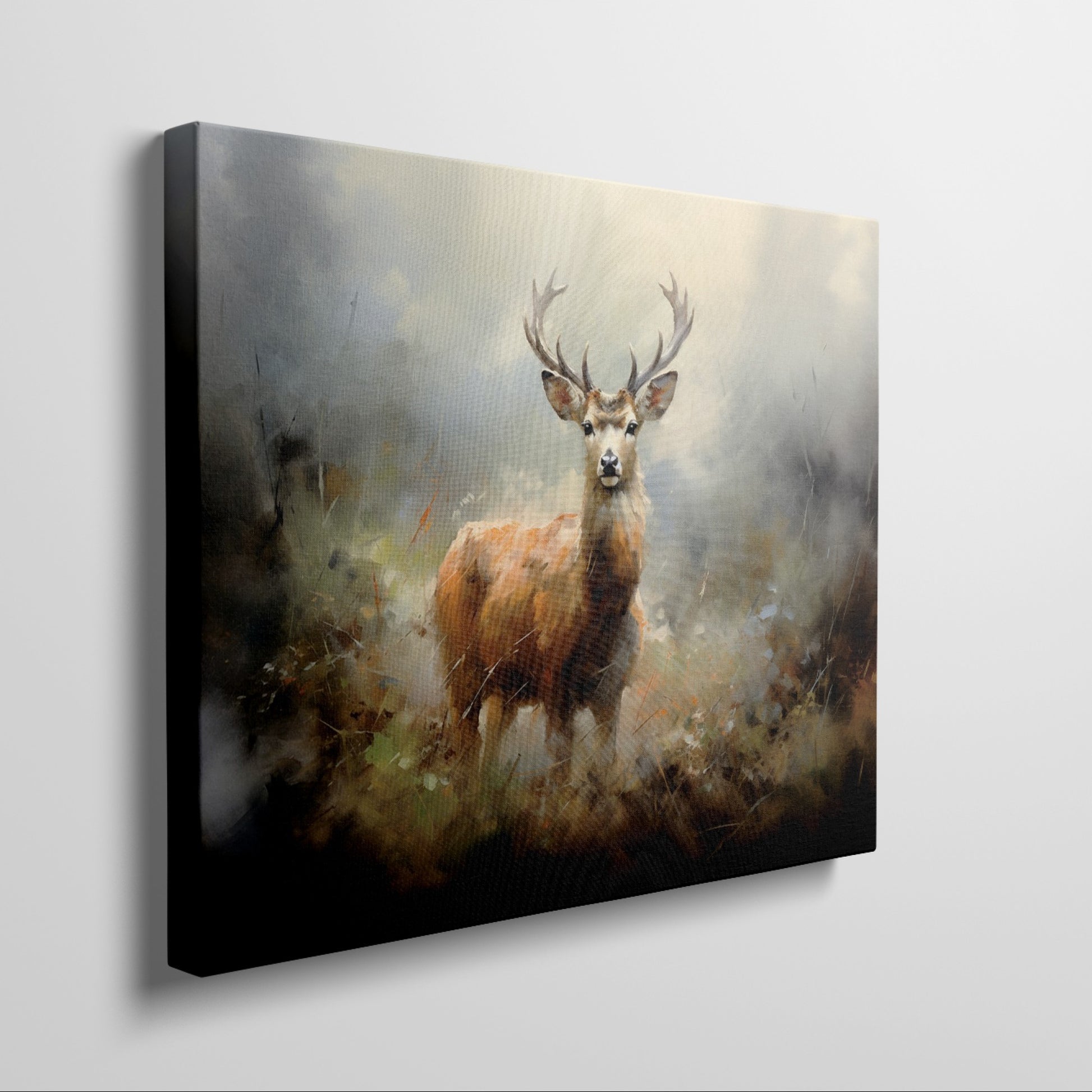 Framed canvas print of an impressionist painting of a stag in a misty autumn forest