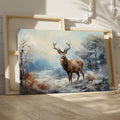 Framed canvas print of a majestic stag in a snowy wilderness, painted in impressionist style with a cool colour palette