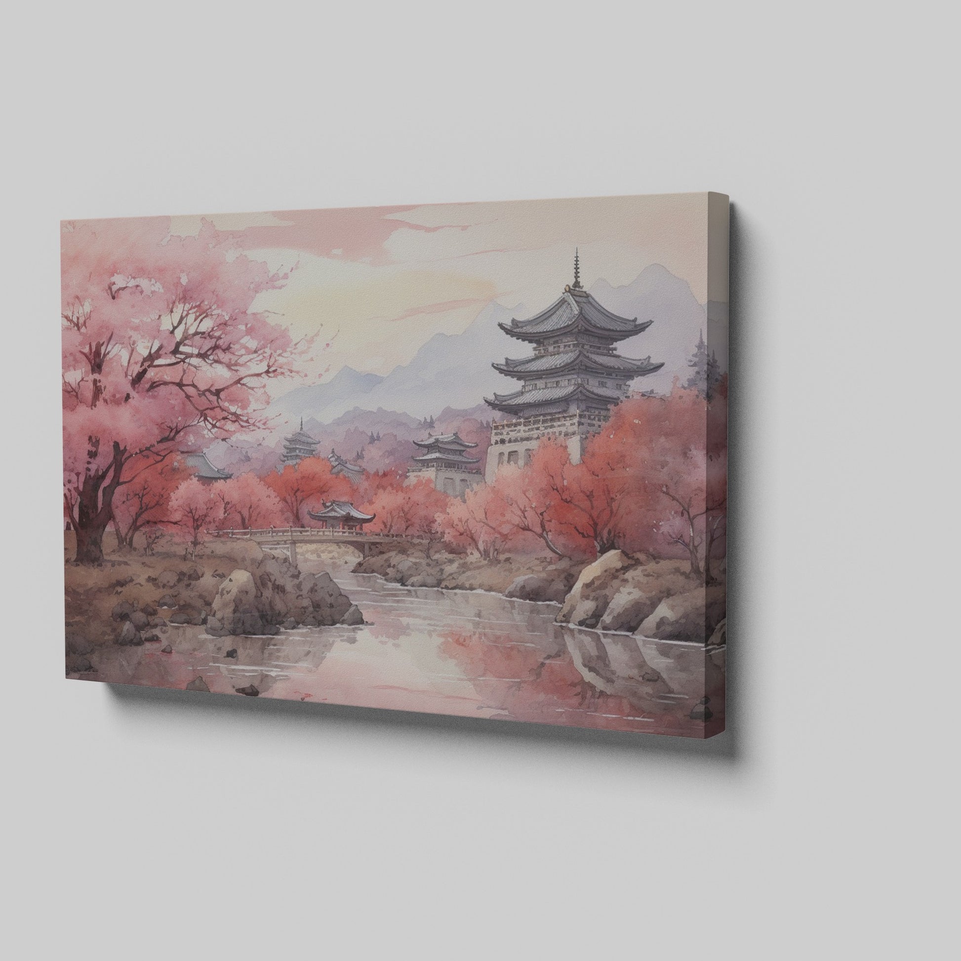 Framed canvas print of a traditional Asian cherry blossom landscape with pagodas and a serene river