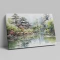 Framed canvas print of an Asian landscape with traditional pagoda and serene lake