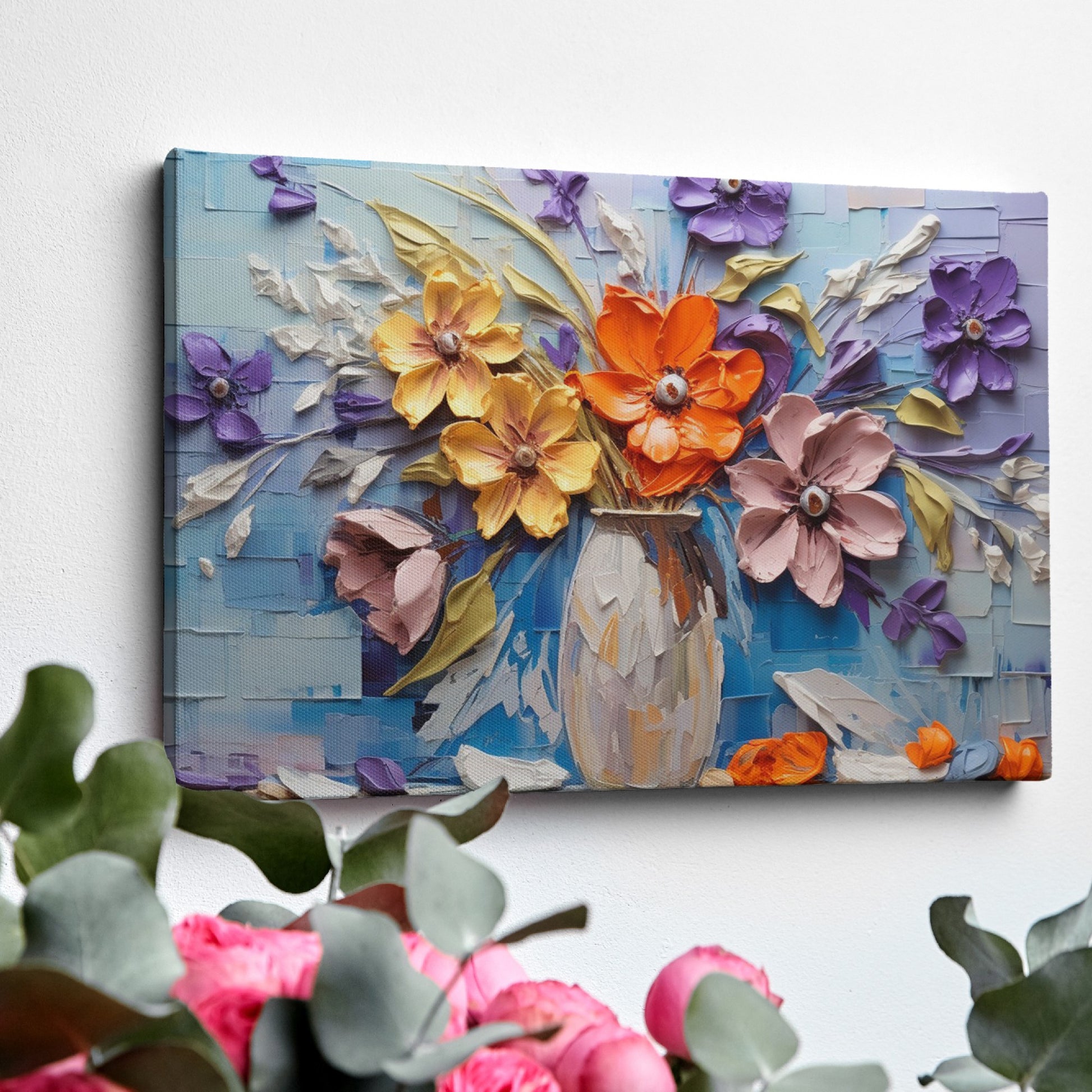 Framed canvas print of embossed and textured colourful flowers in impasto style