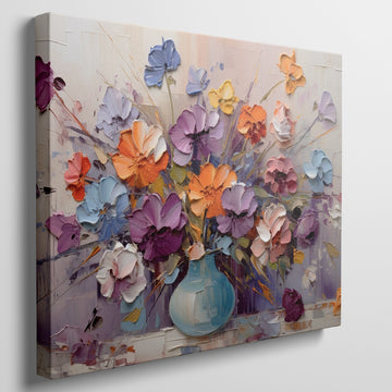 Framed canvas print of vibrant impasto bouquet in a vase with rich textures and colours