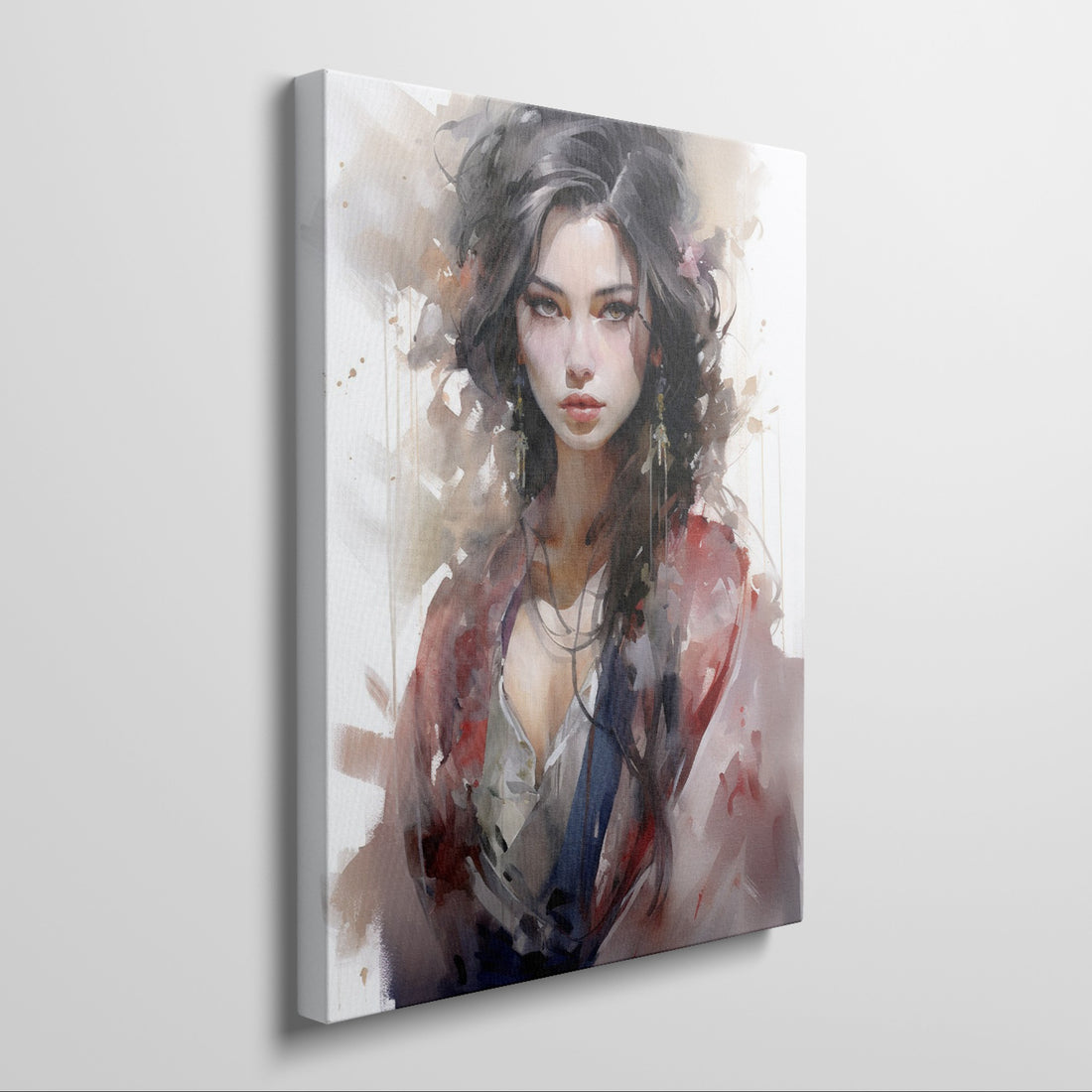 Framed canvas print of abstract female portrait with vibrant colours and watercolor style