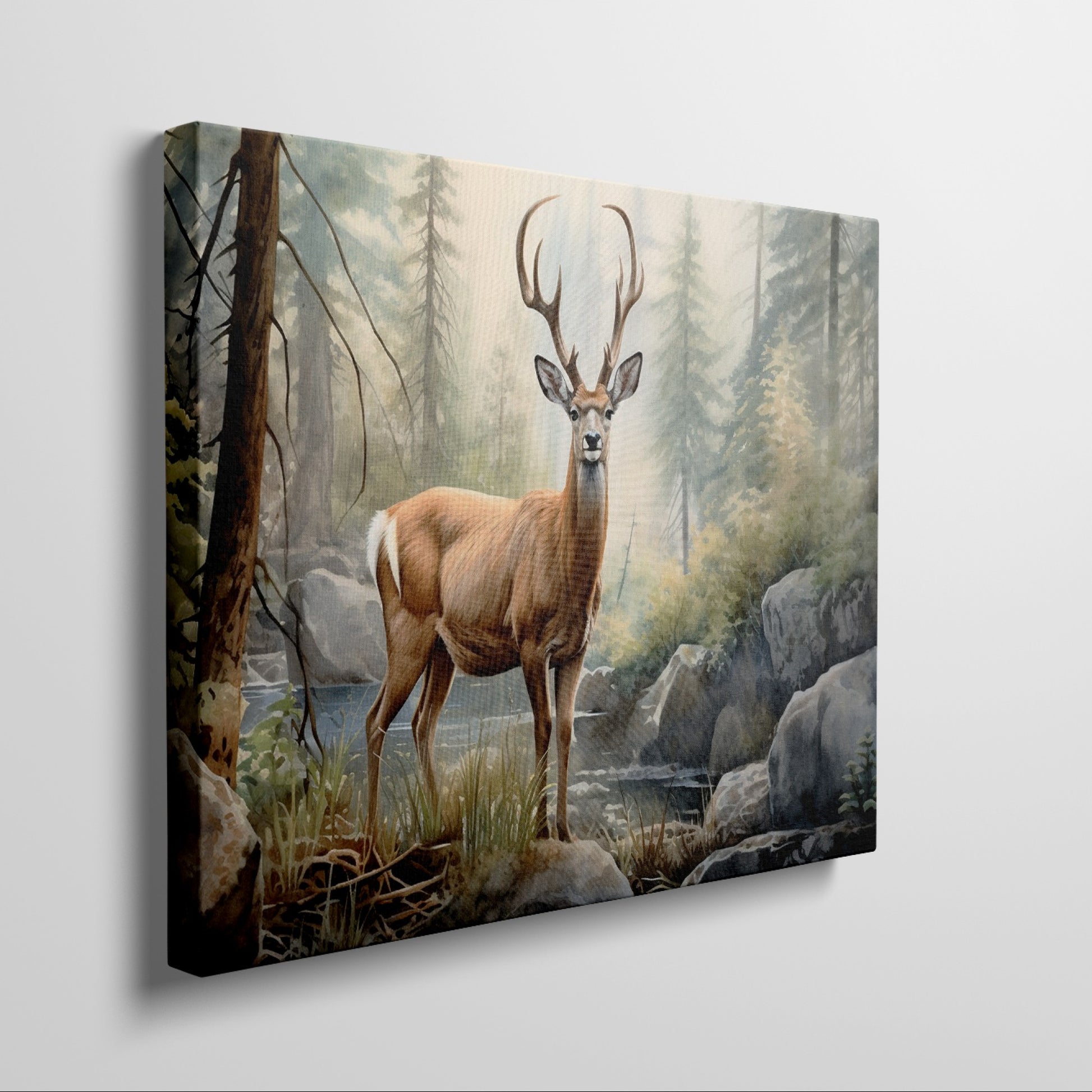 Framed canvas print of realistic deer in a forest with a stream and rocks