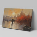 Framed canvas print of an impressionistic cityscape at sunset with reflections on a river