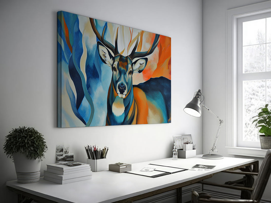 Framed canvas print of an abstract deer with vibrant colours