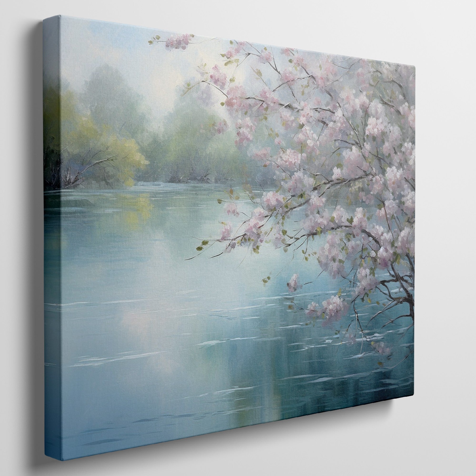 Framed canvas print of Cherry Blossoms by a Tranquil Lake with Pastel Colours